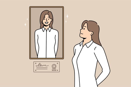 Happy young businesswoman look at picture of herself in frame hanging on wall. Smiling proud woman adore her photo. Pride and self-esteem. Vector illustration.