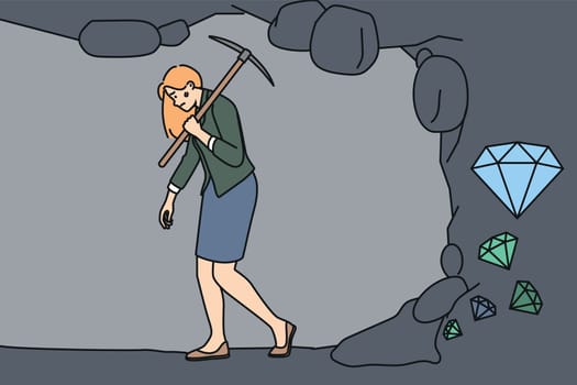 Tired businesswoman quit struggle with diamonds digging feeling exhausted and overwhelmed with work. Concept of job fatigue and burnout. Vector illustration.