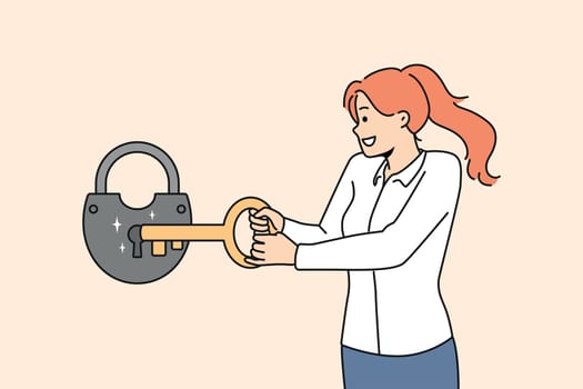 Smiling young woman open lock with huge key. Happy businesswoman use tool for padlock opening. Problem solution. Vector illustration.