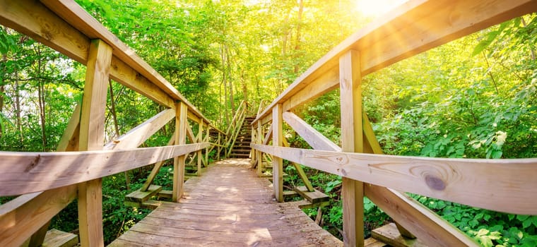 Wooden footbridge in natural park in Ontika, Estonia. Concept of the vacation and tourism.