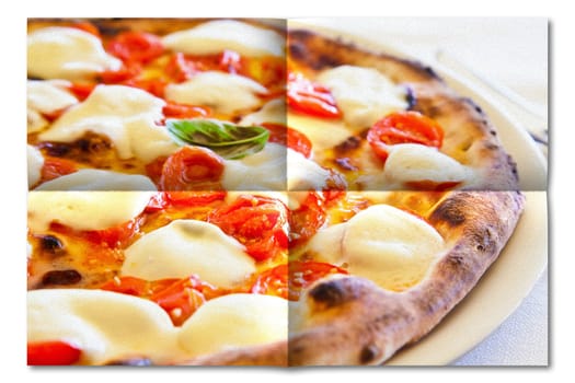 Creative picture of Pizza Margherita with Mozzarella cheese, basil and tomatoes