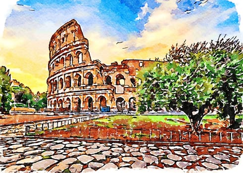Rome, Italy - Sunset behind the Colosseum - Creative illustration, vintage watercolor design