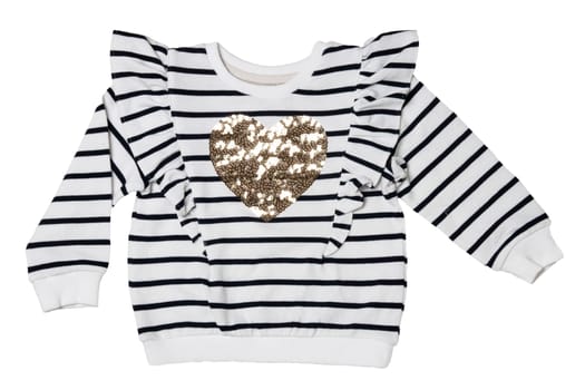 Spring and autumn children clothes. Close-up of a stylish beautiful black and white striped little girl sweater or pullover with a heart isolated on a white background. Kids winter or summer fashion.