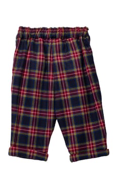 Summer shorts insulated. Close-up of a stylish fashionable plaid shorts with elasticated waistband. Back view. Tartan plaid fabric texture background.