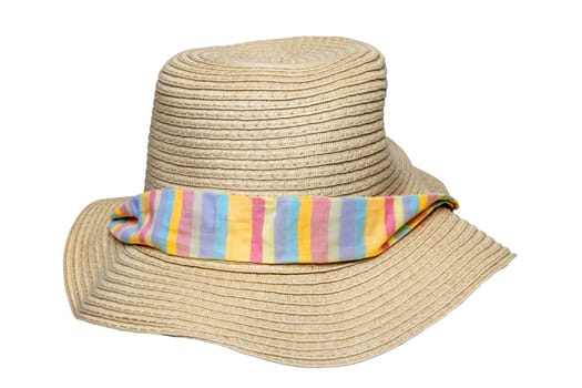 Straw hat isolated. Closeup of a elegant summer straw hat with colored ribbon for girls isolated on a white background. Clipping path. Travel and vacations concept. Holiday season.