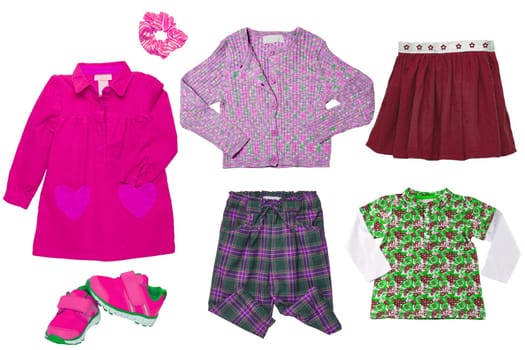 Collage set of girls spring clothing. The collection of a stylish dress, a sweater, shirt, skirt, sneaker, shorts, pants and a cardigan. Kids autumn and winter fashion.