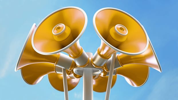 Groups of yellow megaphones on blue sky background. 3D illustration. 3D illustration.