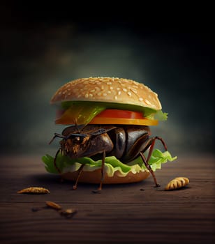 Cricket insect in burger bun with salad and vegetables, source for high protein, entomophagy food concept, generative AI