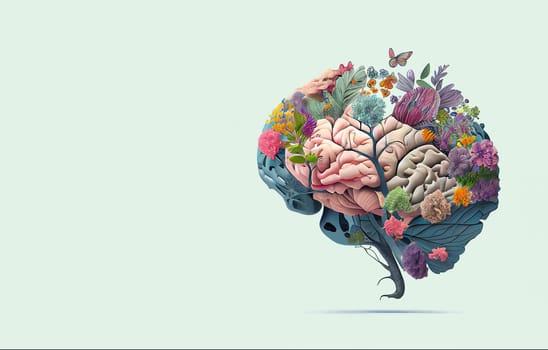 Human brain tree with flowers and butterflies, self care and mental health concept, positive thinking, creative mind, generative AI