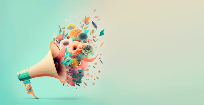 Megaphone with colorful pastel summer flowers, advertising and marketing concept, social media, announce positive and creative idea, generative AI