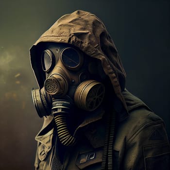 Man with a gas mask, nuclear war and environmental disaster, radioactivity catastrophe, military equipment, generative AI