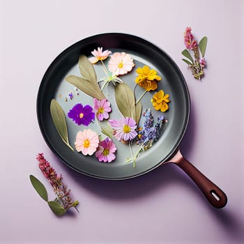Spring flowers and green leaves in a frying pan on a pastel purple background, creative concept, generative AI
