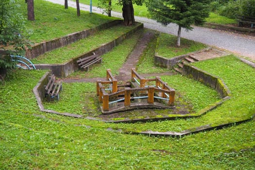 Banja Koviljaca, Loznica, Serbia. Mount Guchevo, park and forest. Source of mineral sulfuric and ferruginous water Rakina Chesma Cesma. A spring near the road to Guchevo. Concrete fence and stairs