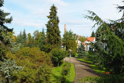 Banja Koviljaca, Serbia, Guchevo, Loznica, September 30, 2022. Rehabilitation center with sulfur and iron mineral waters. Park paths for walking. Gardening and tourism business Banja Koviljacha.