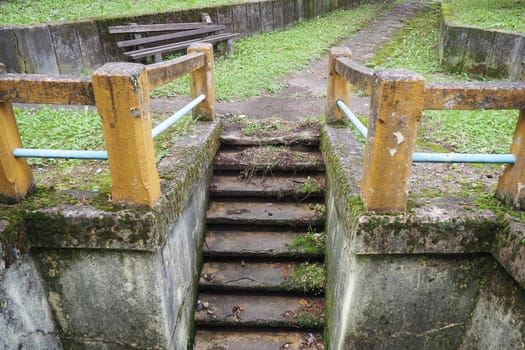 Banja Koviljaca, Loznica, Serbia. Mount Guchevo, park and forest. Source of mineral sulfuric and ferruginous water Rakina Chesma Cesma. A spring near the road to Guchevo. Concrete fence and stairs