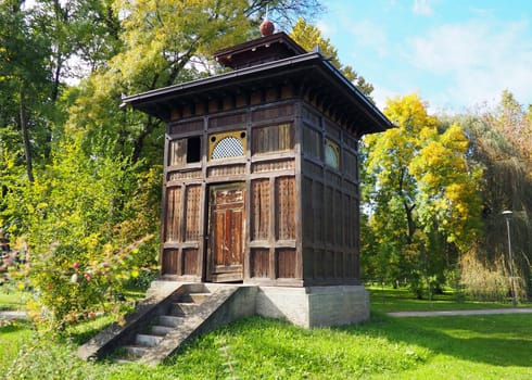 Banja Koviljaca, Serbia, Guchevo, Loznica, September 30, 2022. Rehabilitation center with sulfur and iron mineral waters. An old wooden house above a healing sulfur spring. Banja Koviljacha