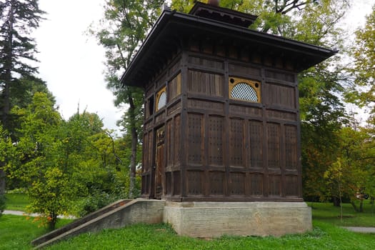Banja Koviljaca, Serbia, Guchevo, Loznica, September 30, 2022. Rehabilitation center with sulfur and iron mineral waters. An old wooden house above a healing sulfur spring. Banja Koviljacha