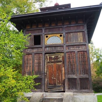 Banja Koviljaca, Serbia, Guchevo, Loznica, September 30, 2022. Rehabilitation center with sulfur and iron mineral waters. An old wooden house above a healing sulfur spring. Banja Koviljacha