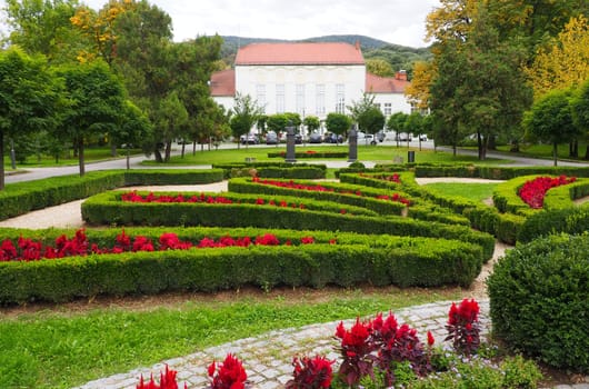 Banja Koviljaca, Serbia, Guchevo, Loznica, Sept 30 2022 Rehabilitation center with sulfur and iron mineral waters. Landscape to the Kur-salon with grass, lawns, walking paths and flowers. Royal Palace