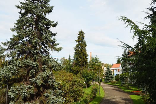 Banja Koviljaca, Serbia, Guchevo, Loznica, September 30, 2022. Rehabilitation center with sulfur and iron mineral waters. Park paths for walking. Gardening and tourism business Banja Koviljacha.