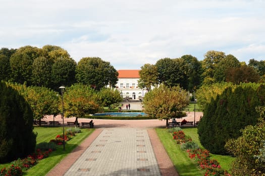 Banja Koviljaca, Serbia, Guchevo, Loznica, Sept 30, 2022. Rehabilitation center with sulfur and iron mineral waters. Landscape from the observation deck to the Kur-salon, fountain and walking paths