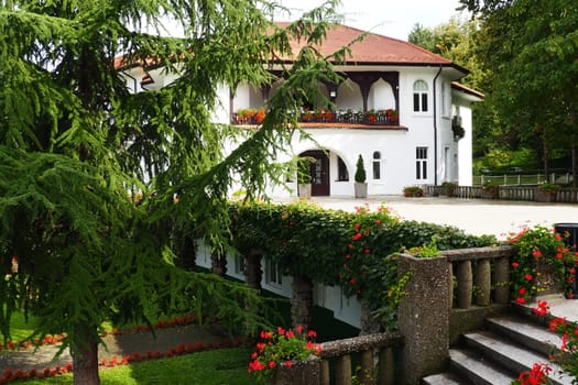 Banja Koviljaca, Serbia, Guchevo, Loznica, September 30 2022 Rehabilitation center with sulfur and iron mineral waters. Villa Herzegovina. Renovated building in Turkish style. Rehabilitation hospital