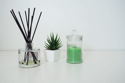Incense sticks in a glass cubic vessel with essential oils. Interior decor. White background. Sansevier or aloe plant in a pot. Copy space. Wax candle in a stylish glass flask with a lid.