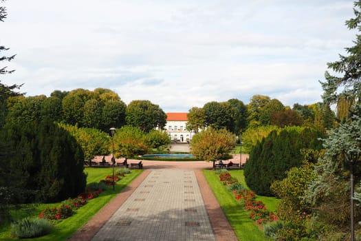 Banja Koviljaca, Serbia, Guchevo, Loznica, September 30, 2022. Rehabilitation center with sulfur and iron mineral waters. Park paths for walking. Gardening and tourism business Banja Koviljacha.