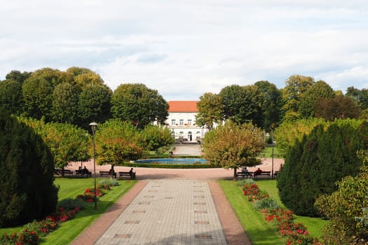 Banja Koviljaca, Serbia, Guchevo, Loznica, Sept 30, 2022. Rehabilitation center with sulfur and iron mineral waters. Landscape from the observation deck to the Kur-salon, fountain and walking paths