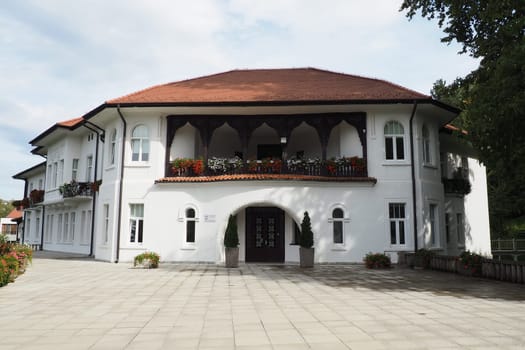 Banja Koviljaca, Serbia, Guchevo, Loznica, September 30 2022 Rehabilitation center with sulfur and iron mineral waters. Villa Herzegovina. Renovated building in Turkish style. Rehabilitation hospital