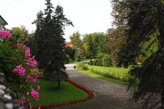 Banja Koviljaca, Serbia, Guchevo, Loznica, September 30, 2022. Rehabilitation center with sulfur and iron mineral waters. Park paths for walking. Gardening and tourism business Banja Koviljacha.