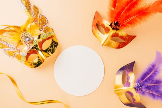 Happy Purim carnival decoration. Top view venetian ball mask with feather isolated on pastel background white paper circle, Masquerade party, Jewish Purim in Hebrew, holiday background banner design