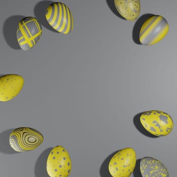 Painted Easter eggs in trendy colors 2021 Illuminating and Ultimate gray. Flat lay, copy space, 3D render