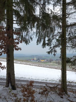 Village and church framed by trees
