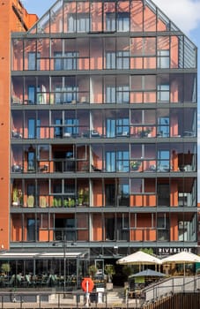 Gdansk, Poland - Sept 9, 2020: Modern architecture of the granaries island in old town of Gdansk. Poland
