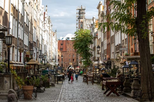 Gdansk, Poland - Sept 9, 2020:  Mariacka Street, the main shopping street for the amber and jewelry in the old hanseatic city of Gdansk, Poland.
