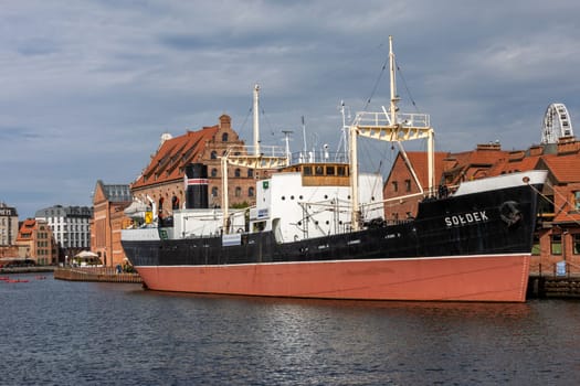 Gdansk, Poland - Sept 9, 2020: Soldek the first ship built in Poland after World War II to the Gdansk shipyard and museum ship today