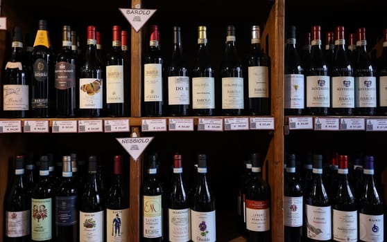 La Morra, Piedmont, Italy - Sept 8, 2022: Interior of a wine shop in La Morra, Piedmont, Italy
