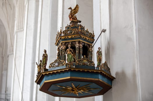 Gdansk, Poland - Sept 9, 2020: Mannerist pulpit in St. Mary's Basilica in Gdańsk. Poland