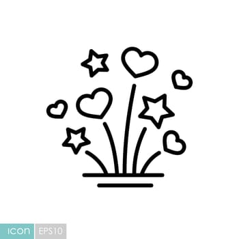 Fireworks explosion splash with stars and hearts isolated icon. Vector illustration, romance elements. Sticker, patch, badge, card for marriage, valentine