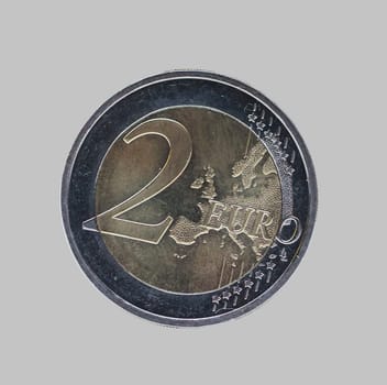 Two euro coins, close-up of a coin with the value of 2 euros.