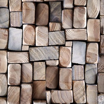 A texture of wood. Many stacked wooden slats from the front side.