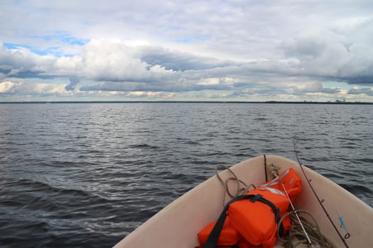 fishing boat in the open sea, beautiful seascape, first person view