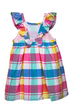 Summer dress isolated. Closeup of a colorful checkered sleeveless baby girl dress isolated on a white background. Children spring fashion. Clipping path. Back view.