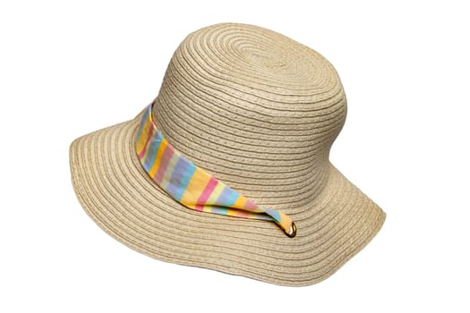 Straw hat isolated. Closeup of a elegant summer straw hat with colored ribbon for girls isolated on a white background. Clipping path. Travel and vacations concept. Holiday season.