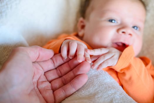 Cute newborn caucasian baby holding his mother's hand
