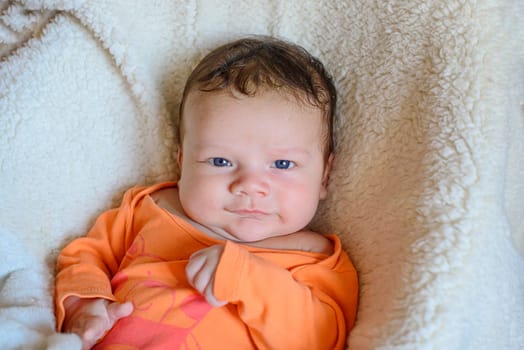 Portrait of a newborn european white baby in orange clothes