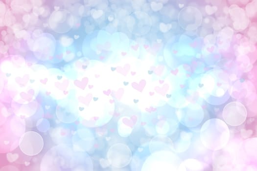 Valentines or mothers day card template. Abstract delicate romantic illustrated pink gradient blue background texture with pink and white bokeh hearts. Beautiful backdrop.