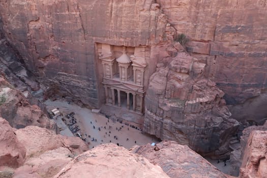 View onto the treasury from the viewpoint at the end of the al khubtha trail, Petra, Jordan 2021