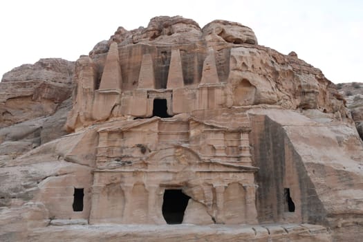 Facade of Obelisk tomb, Bab as Siq Triclinium, building of the ancient nabataean city of Petra, Jordan 2021